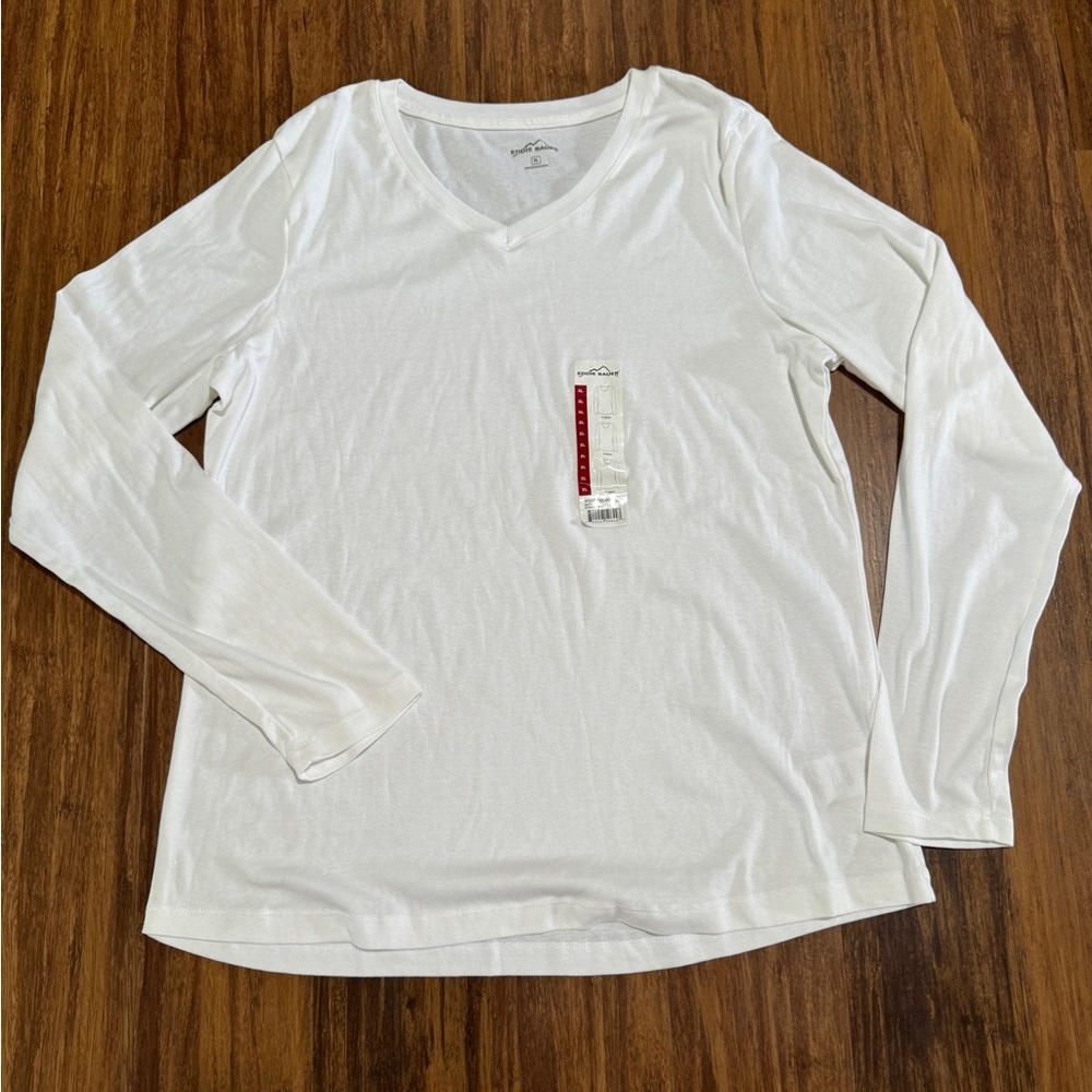 NWOT Eddie Bauer XL White V-Neck Long Sleeve Knit Top, Cotton Modal Spandex